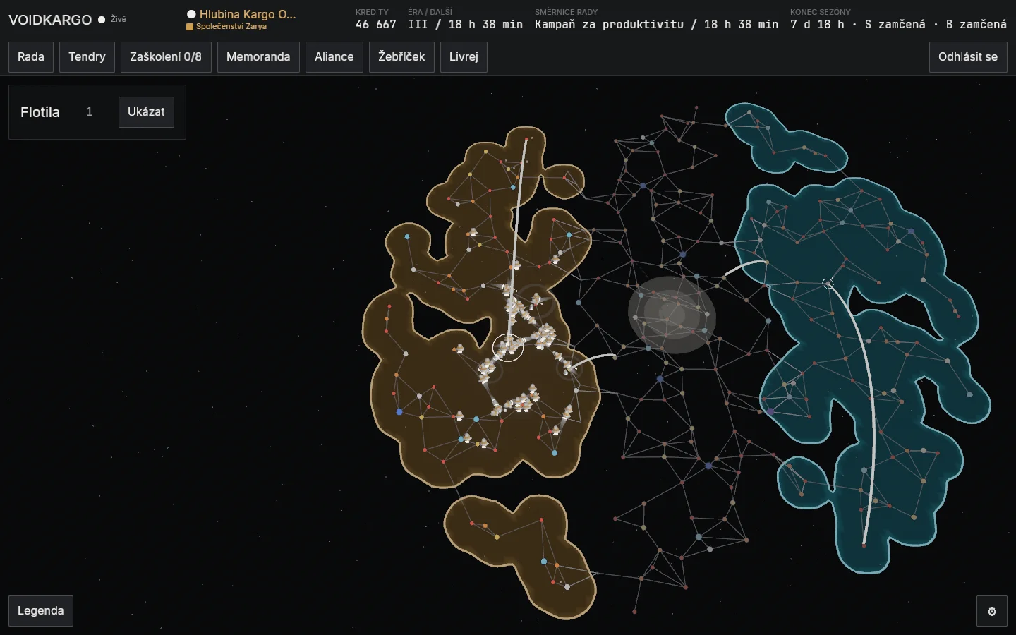 Mapa galaxie na počítači: území obou syndikátů, hyperkoridory a jádro