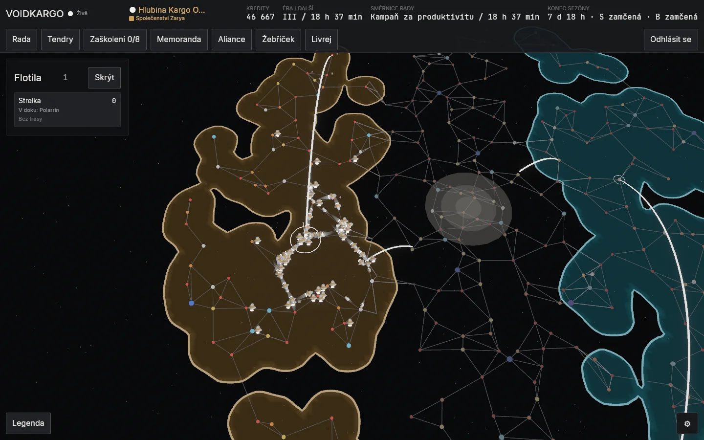 Mapa s hranicí Společenství Zarya, systémy fronty a okrajem Burzy Meridian